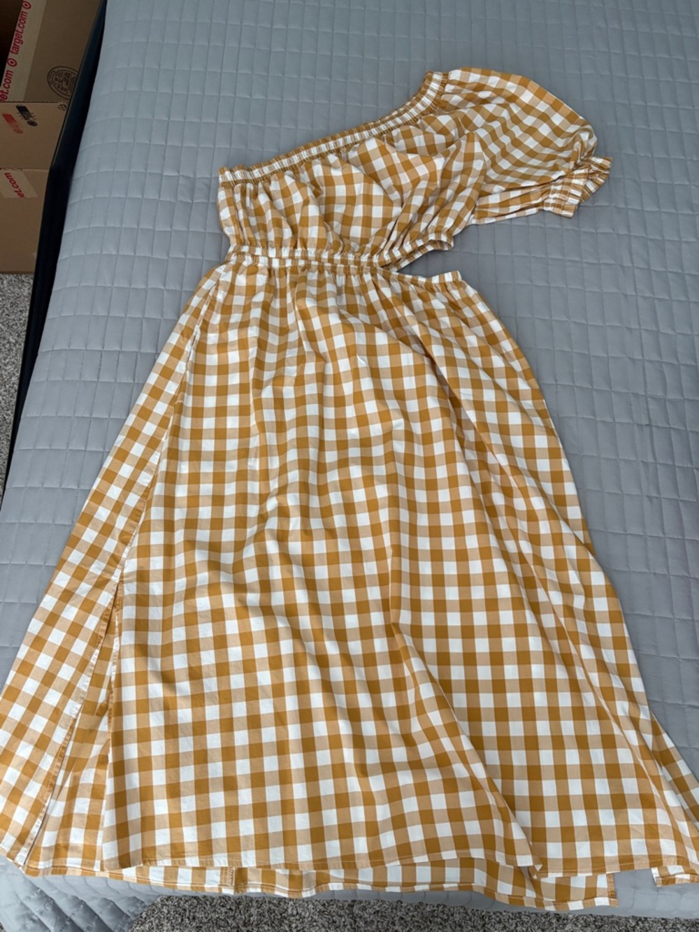 Who What Wear White and Mustard Gingham One-Shoulder Women’s Dress